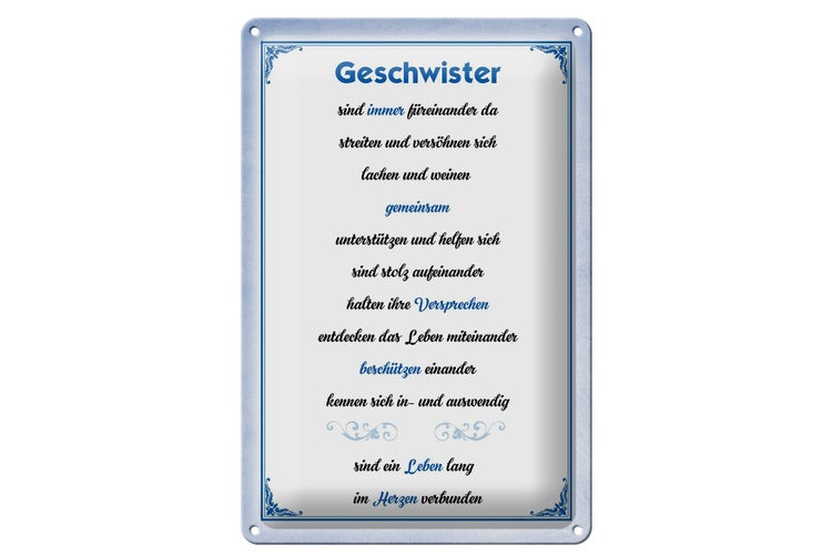 Blechschild Spruch 20x30cm Geschwister immer füreinander da