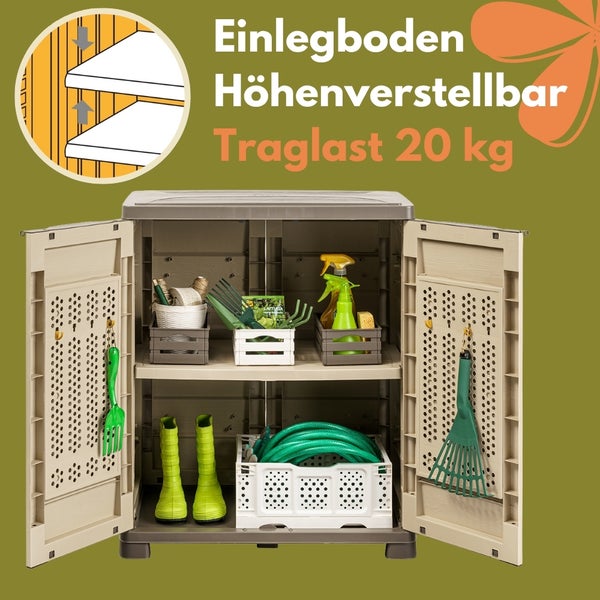 Gartenschrank mit verstellbaren Einlegeböden und einer Traglast von 20 Kilogramm, gefüllt mit Gartenzubehör