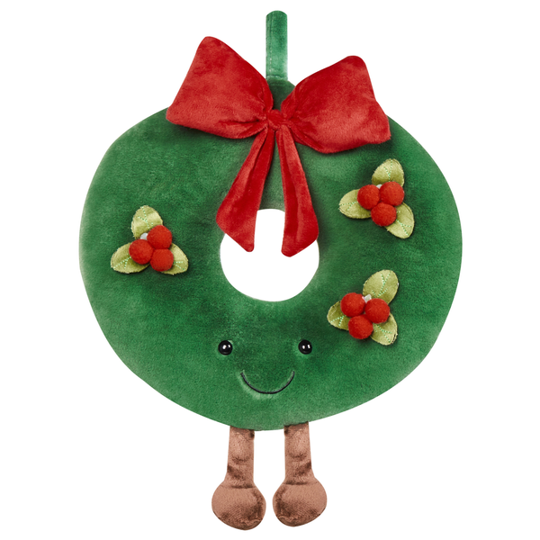 Weihnachtskranz aus Plüsch als dekorative Weihnachtsfigur mit Gesicht und Beinen zum Aufhängen