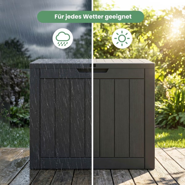 Wetterfeste Gartenbox in Holzoptik für den Außenbereich, geeignet für Regen und Sonnenschein.