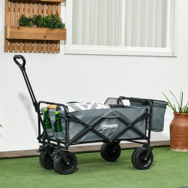 Outsunny Bollerwagen Faltbarer Transportwagen, Lastenwagen mit Kühltasche, Strandwagen mit ausziehbarem Griff, Gartenwagen bis 100 kg Belastbar, Oxford, Dunkelgrau