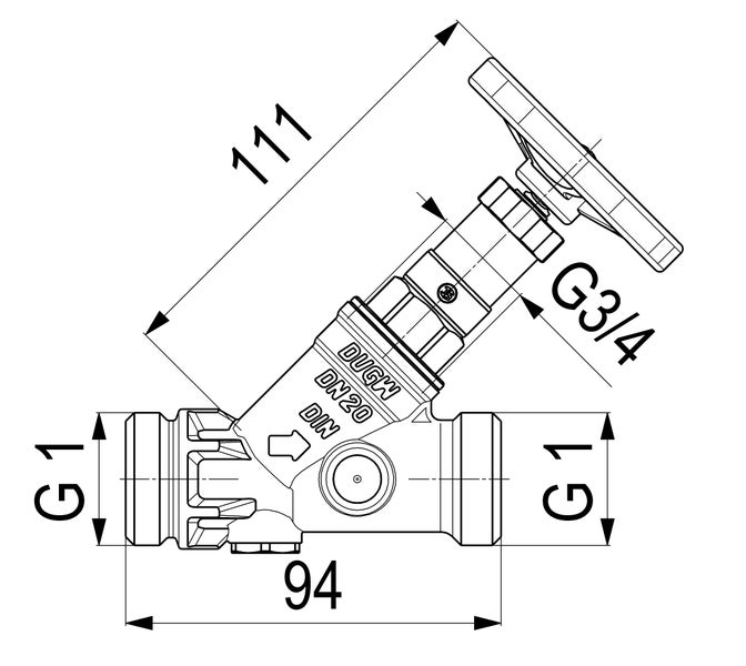 Technische Zeichnung eines Freistromventils mit Maßangaben 111 Millimeter und 94 Millimeter sowie den Anschlüssen G 1 und G 3/4.