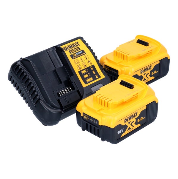 DeWalt Akku-Starter-Set mit Ladegerät DCB113 und zwei 18 Volt XR Lithium-Ionen-Akkus mit 5,0 Amperestunden.