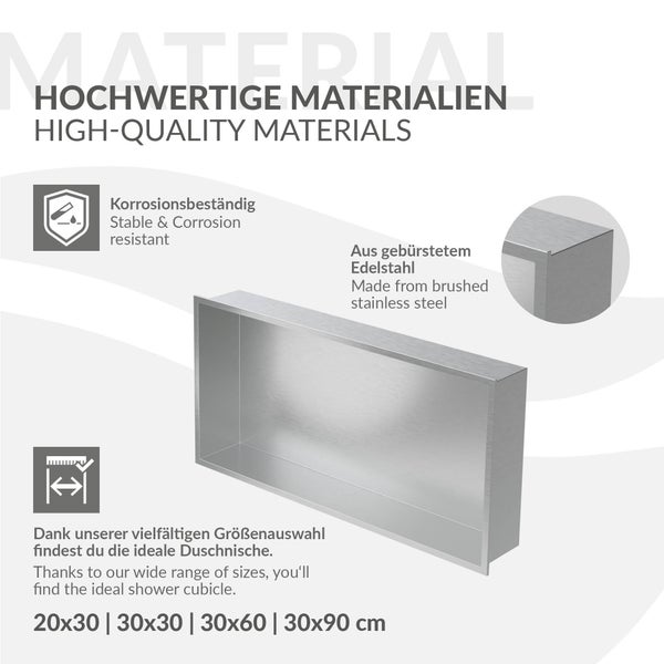Duschnische aus gebürstetem Edelstahl, korrosionsbeständig, verfügbar in den Größen 20x30, 30x30, 30x60 und 30x90 Zentimeter.