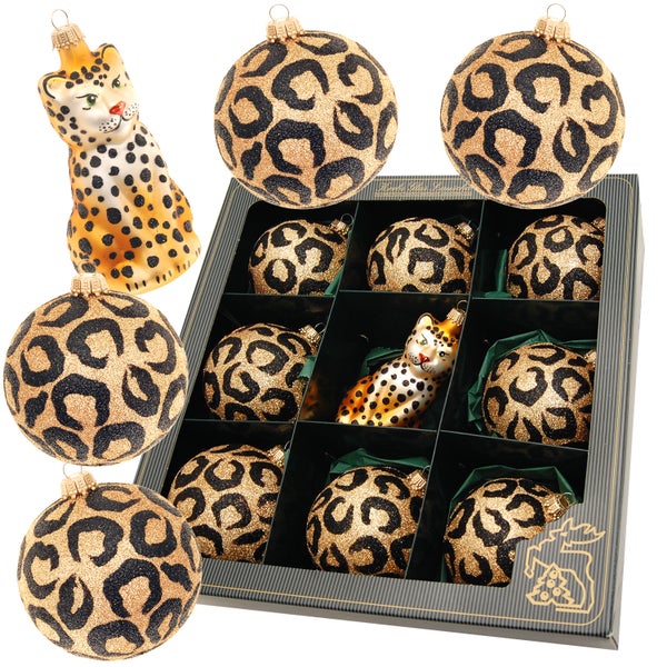 Glaskugelset Africa Xmas, 9-teilig, 8 Kugeln Leopard Look, 1 Leopard, 8cm, 9 Stck., Weihnachtsbaumkugeln, Christbaumschmuck, Weihnachtsbaumanhänger