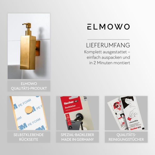 ELMOWO Seifenspender zur Wandmontage inklusive fischer Spezial Badkleber und Reinigungstücher für eine einfache Montage ohne Bohren.