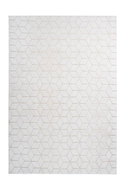 Rechteckiger Teppich mit geometrischem 3D-Würfelmuster.