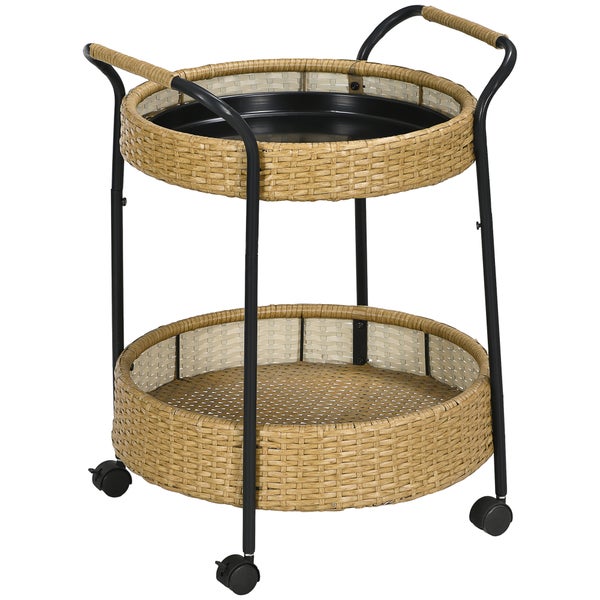 Outsunny Servierwagen Rattan Trolley mit 2 Regalen, Φ50 x 66 cm, Stahl, Gelb