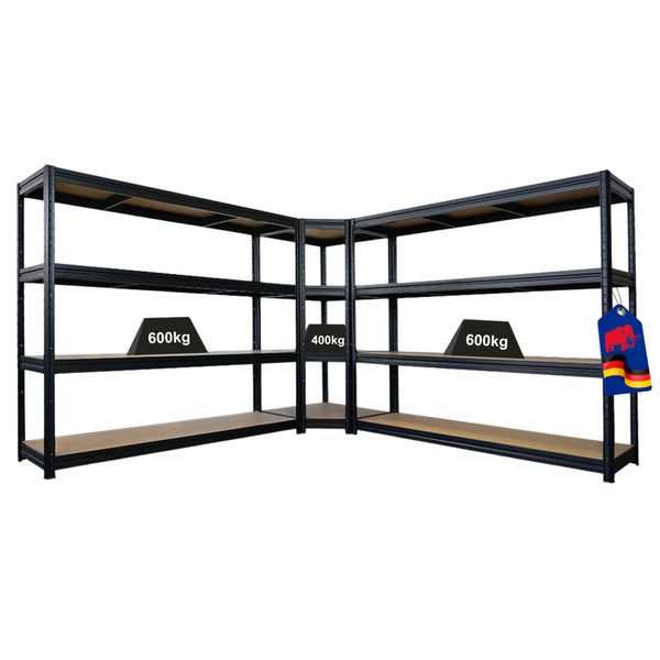 Schwarzes Eck-Schwerlastregal, drei Module, Traglasten von 600 Kilogramm, 400 Kilogramm und 600 Kilogramm sowie Schulte Logo.