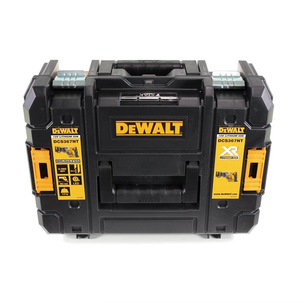 DeWALT Werkzeugkoffer TSTAK für Akku-Säbelsäge DCS367NT, geschlossener schwarzer Kunststoffkoffer mit Tragegriff und Metallverschlüssen.