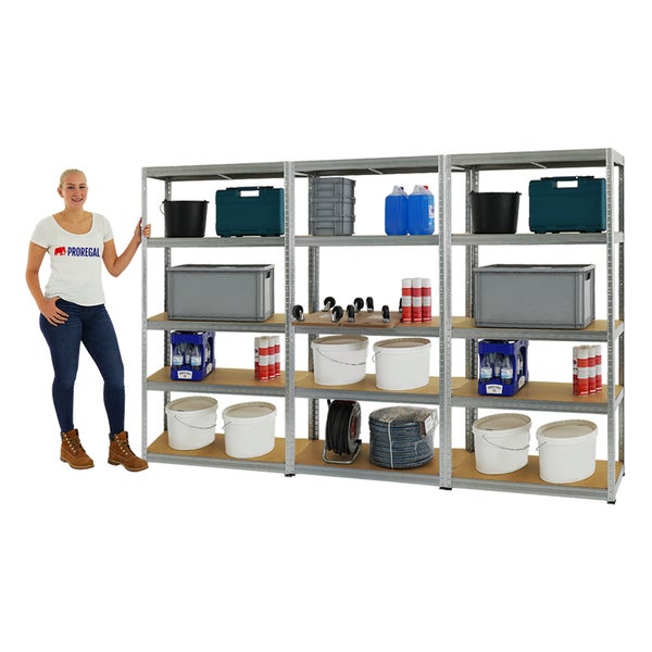 PROREGAL Mega Deal 3x Schwerlastregal Slim Elephant S HxBxT 180 x 90 x 45 cm 5 Ebenen Fachlast 350 kg Verzinkt