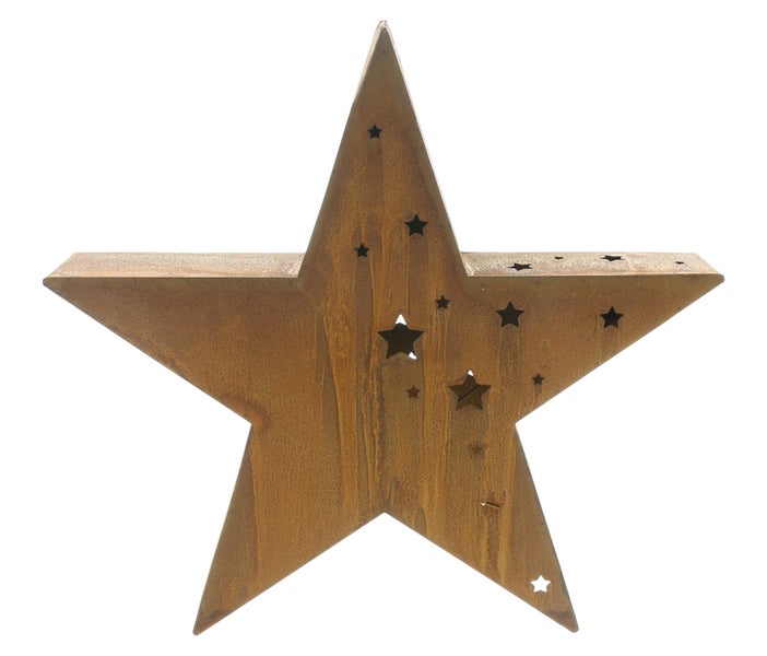 Dekorativer Stern aus Metall mit Rostoptik und ausgestanzten Sternmotiven als Wanddekoration oder Tischdekoration