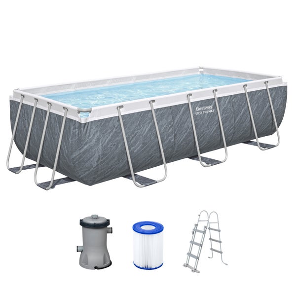 Bestway Steel Pro Max Rechteckpool Set inklusive Filterpumpe, Filterkartusche und Sicherheitsleiter in grauer Steinoptik.