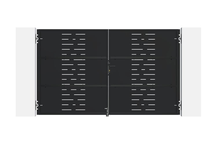 Modernes schwarzes zweiflügeliges Hoftor mit horizontalen Zieraussparungen und Türgriff.