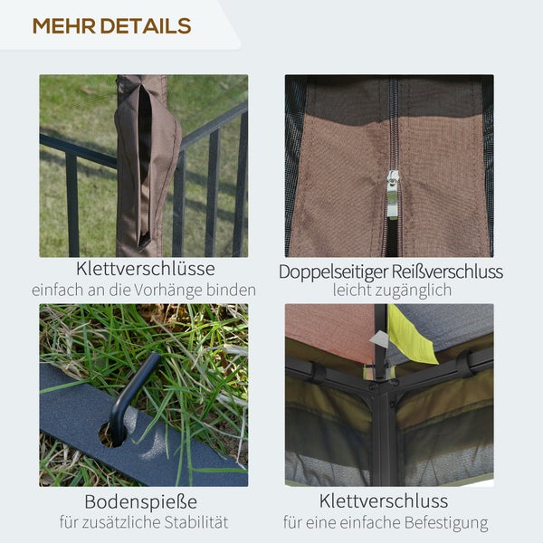 Details eines Pavillons: Klettverschlüsse zum einfachen Binden der Vorhänge, doppelseitiger Reißverschluss für leichten Zugang, Bodenspieße für zusätzliche Stabilität und Klettverschluss für einfache Befestigung.