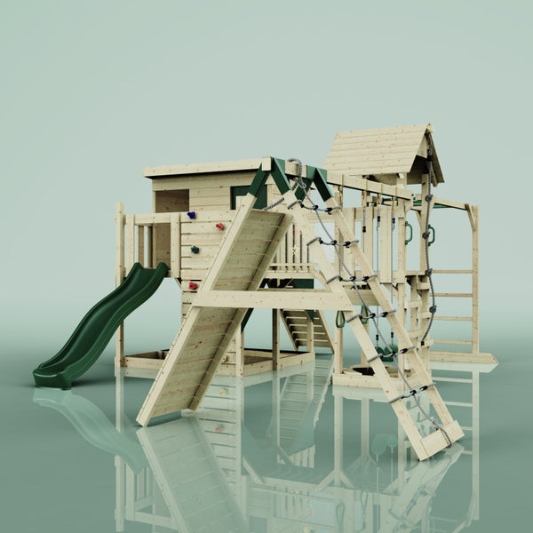 Holzspielplatz mit Rutsche, Kletterwand und Klettergerüst für Kinder