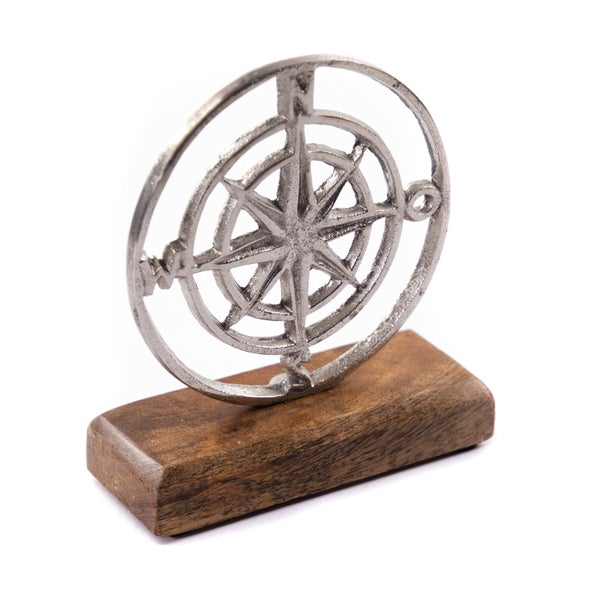 Aufsteller Maritim Windrose Metall, Mangoholz silber-braun