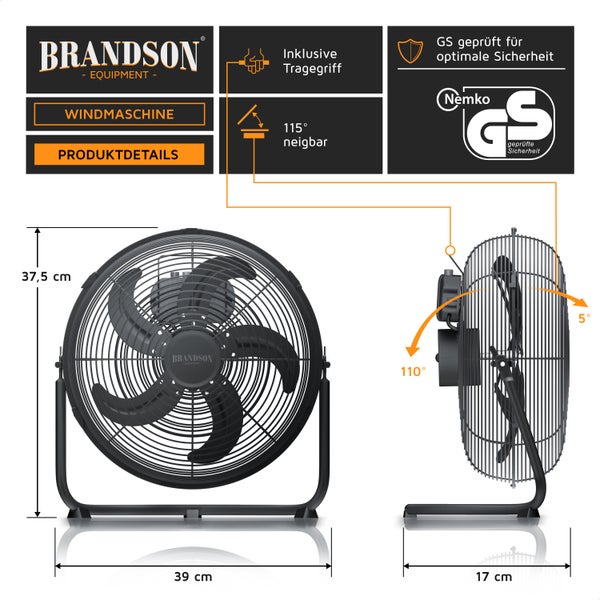 Brandson Windmaschine mit Tragegriff, 115 Grad neigbar, Maße 37,5 mal 39 mal 17 Zentimeter, GS-geprüfte Sicherheit.
