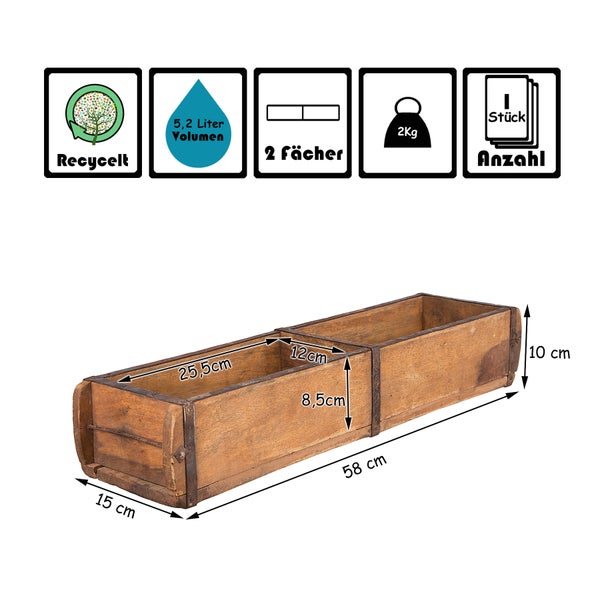 Blumenkasten aus Holz mit zwei Fächern und den Maßen 58 x 15 x 10 cm. Produkt ist recycelt, hat ein Volumen von 5,2 Liter und ein Gewicht von 2 kg.