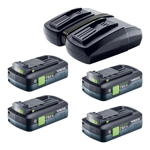 Festool Energie-Set mit einem Doppel-Schnellladegerät und vier 18 Volt Bluetooth Akkupacks mit Airstream-Technologie.