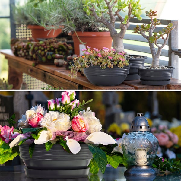 Collage: Dekorative Pflanzen in Pflanzgefäßen und Trauergesteck auf einem Grabstein.