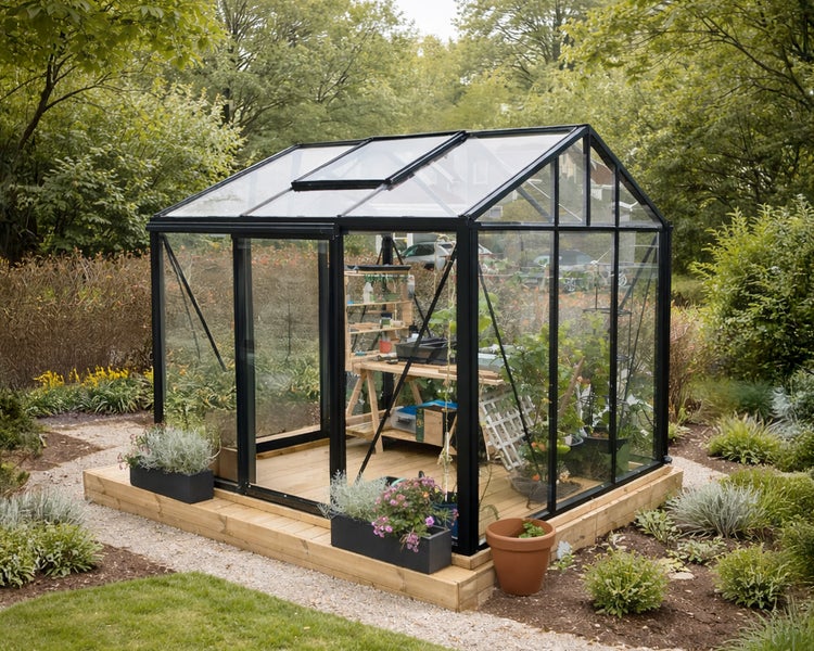 Modernes Gewächshaus mit schwarzem Aluminiumrahmen und Glaswänden auf einem Holzsockel im Garten. Innen befinden sich Pflanzen und ein Arbeitstisch.
