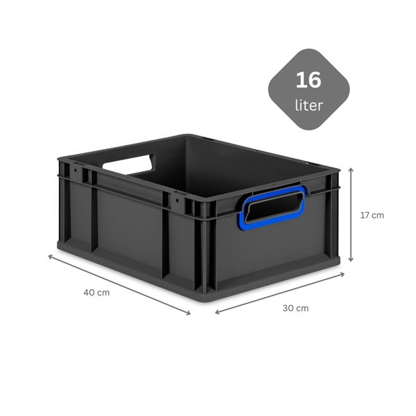 PROREGAL SuperSparSet 5x Eurobox NextGen Color mit Scharnierdeckel und Schiebeschnappverschlüssen, HxBxT 17x30x40cm, 16 Liter, Schwarz, Griffe blau offen, Eurobehälter, Transportbox, Transportbehälter, Stapelbehälter