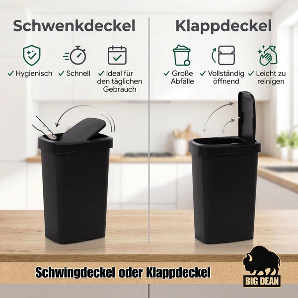 Vergleich von Abfalleimern mit Schwenkdeckel und Klappdeckel auf einem Holztisch vor einer Küche. Big Dean Logo.