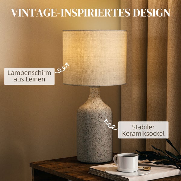 Tischleuchte im Vintage-Design mit Leinenschirm und Keramikfuß