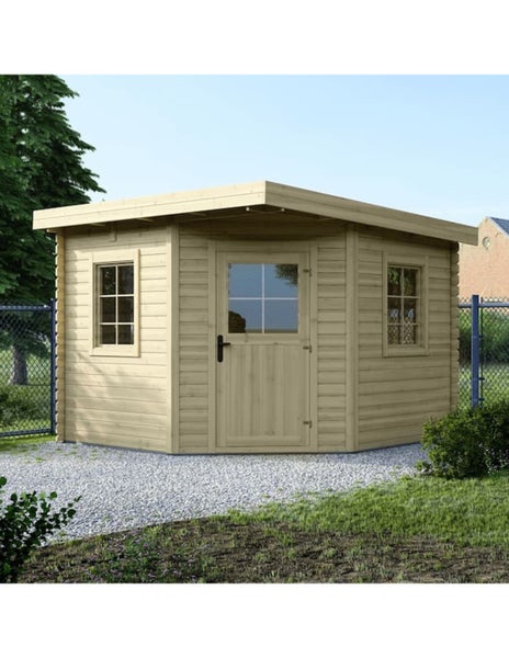 Fünfeckiges Gartenhaus aus Holz mit Pultdach, einer Tür und zwei Fenstern, aufgestellt auf einem Kiesuntergrund im Garten.