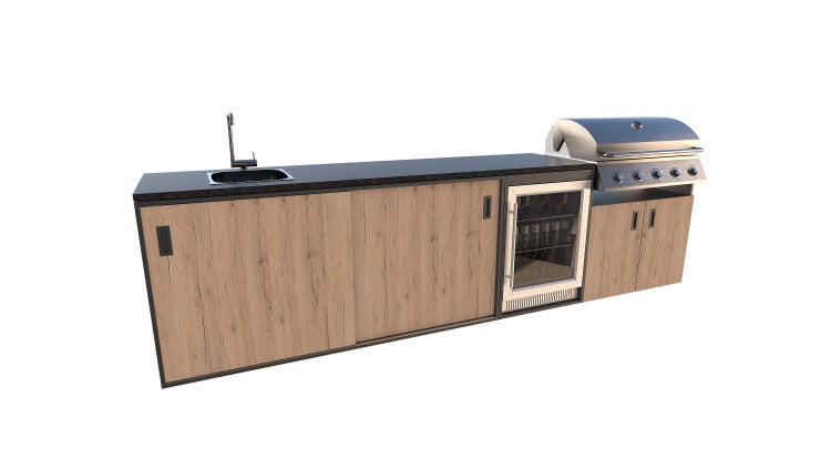 Outdoor-Küche mit Spüle, Kühlschrank und Grill