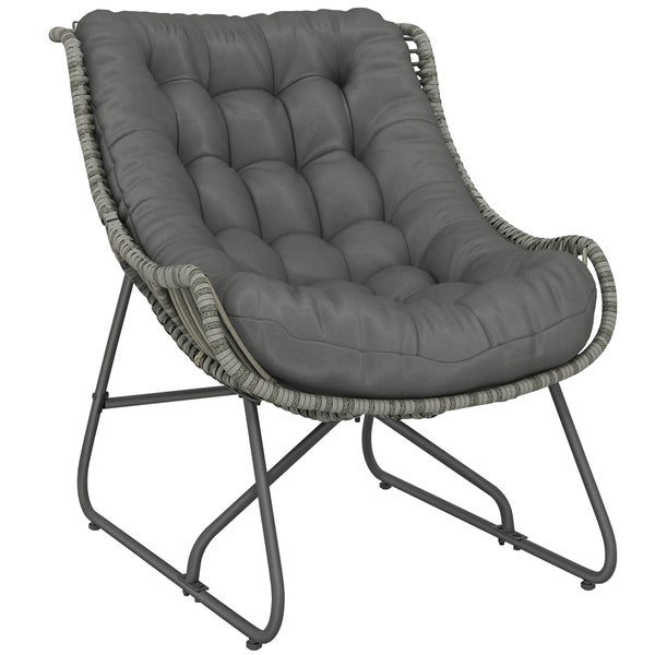 Loungesessel für den Garten aus grauem Kunststoffgeflecht mit grauem Polster und Metallgestell.