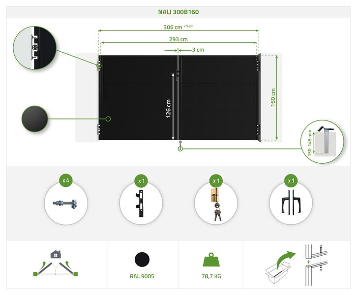 Technische Zeichnung NALI 300B160 mit Maßangaben und Zubehör