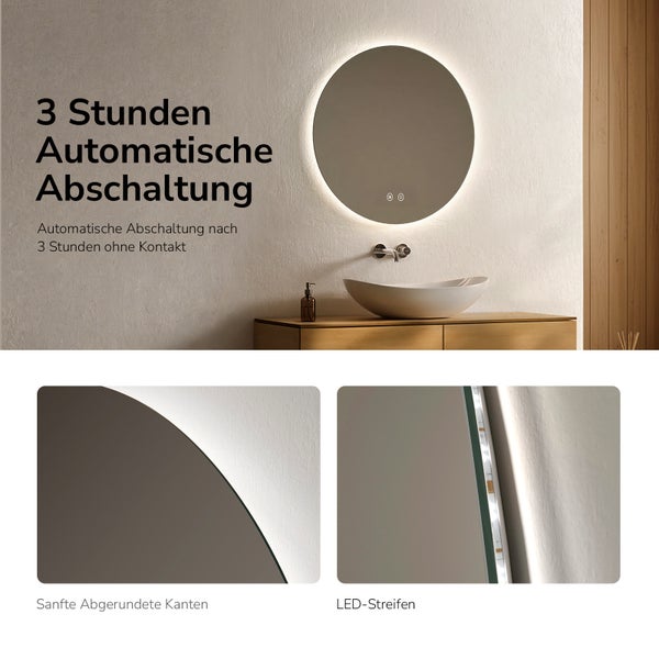Runder Badezimmerspiegel mit LED-Hintergrundbeleuchtung, automatischer Abschaltung nach drei Stunden, abgerundeten Kanten und LED-Streifen.