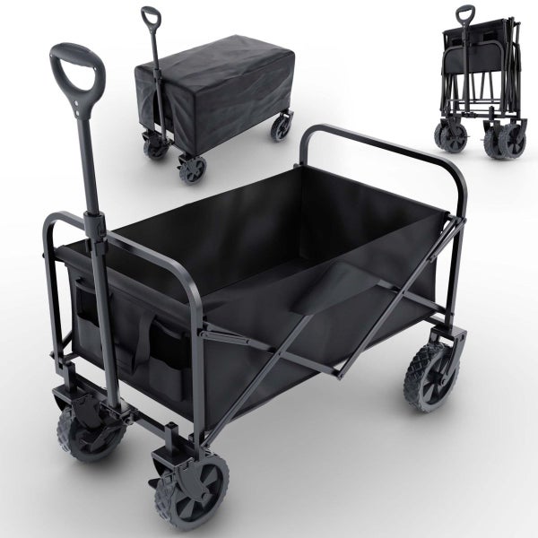 Faltbarer Bollerwagen aus Metall und Textil mit Teleskopgriff, dargestellt in offenem, abgedecktem und zusammengeklapptem Zustand.
