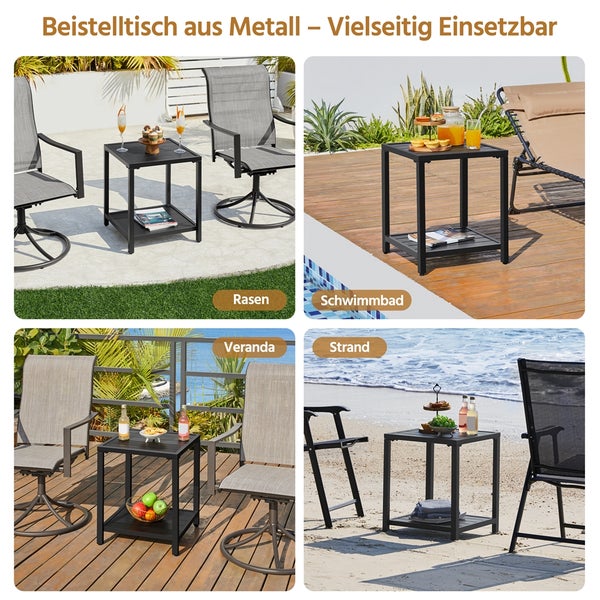 Quadratischer Metall-Beistelltisch in vier Außenbereichen: Rasen, Schwimmbad, Veranda und Strand. Vielseitig nutzbar mit zwei Ablagen.