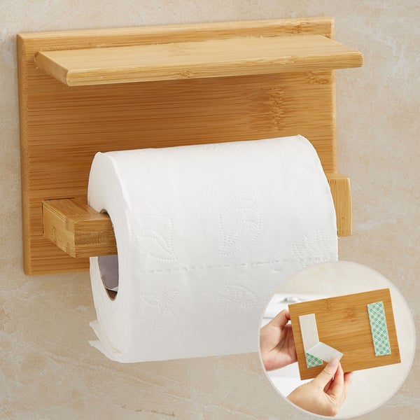 DEKAZIA® Klopapierhalter mit Ablage Bambus | Toilettenpapierhalter Holz Klopapierhalter Holz Klorollenhalter Holz Klopapierhalter Bambus WC Rollenhalter Holz WC Papier Halterung Holz ohne Bohren Wand