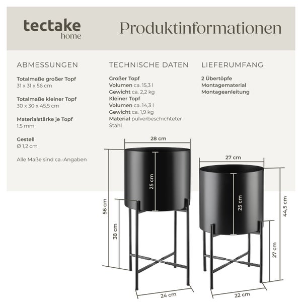 Pflanzenständer tectake Mine Anti-Rutsch-Pads, Belastbarkeit je 20 kg 2-teilig, im Industrial Style schwarz