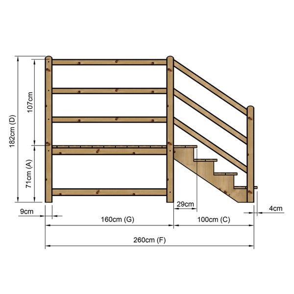 Technische Zeichnung einer Holztreppe mit Maßangaben