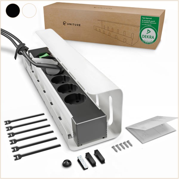 Kabelkanal mit Steckdosenleiste, Kabelbindern, Schrauben, Montageclips, Anleitung und UNITURE Logo auf der Verpackung. DEKRA zertifiziert.