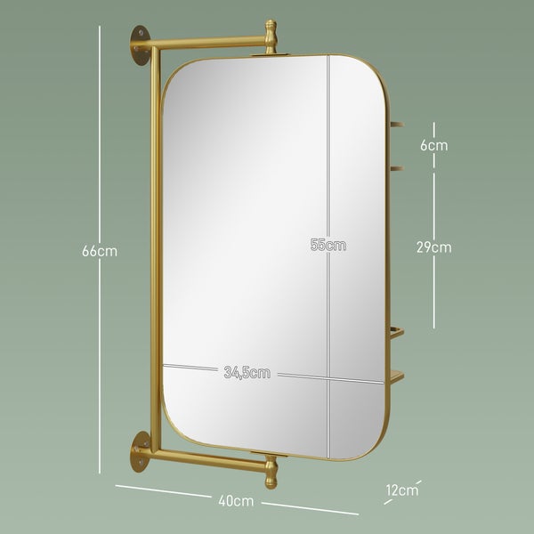 HOMCOM Badezimmerspiegel schwenkbar Wandspiegel, 40 x 66 cm Schminkspiegel mit 2-stufiger Ablagefläche, Metallrahmen, Gold