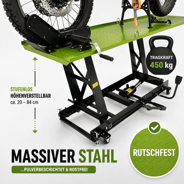 Rutschfeste Motorradhebebühne aus pulverbeschichtetem Stahl, stufenlos höhenverstellbar von circa 20 bis 84 Zentimeter, Tragkraft 450 Kilogramm.