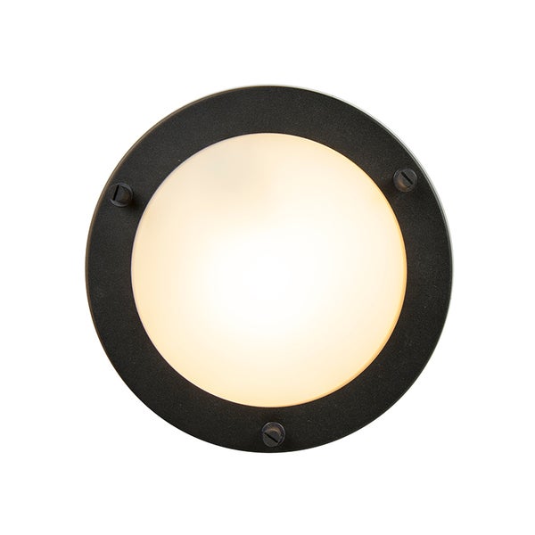 Runde schwarze Wand- und Deckenleuchte mit Metallrahmen und opaler Glasabdeckung.