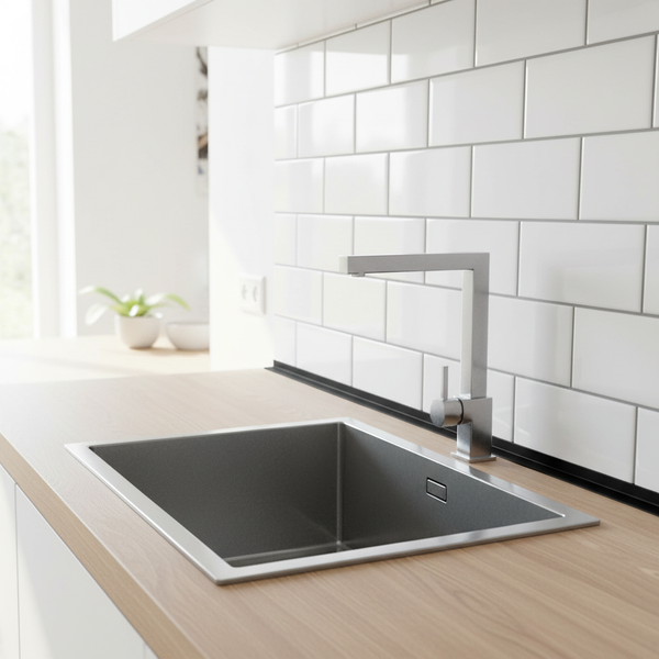 Moderne Küchenspüle mit quadratischem Becken und hohem Einhebelmischarmatur auf einer Arbeitsplatte vor einem gefliesten Spritzschutz.