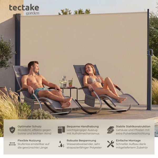 tectake garden Logo über einer ausziehbaren Seitenmarkise als Sichtschutz auf einer Terrasse mit Personen auf Sonnenliegen und Produktdetails.