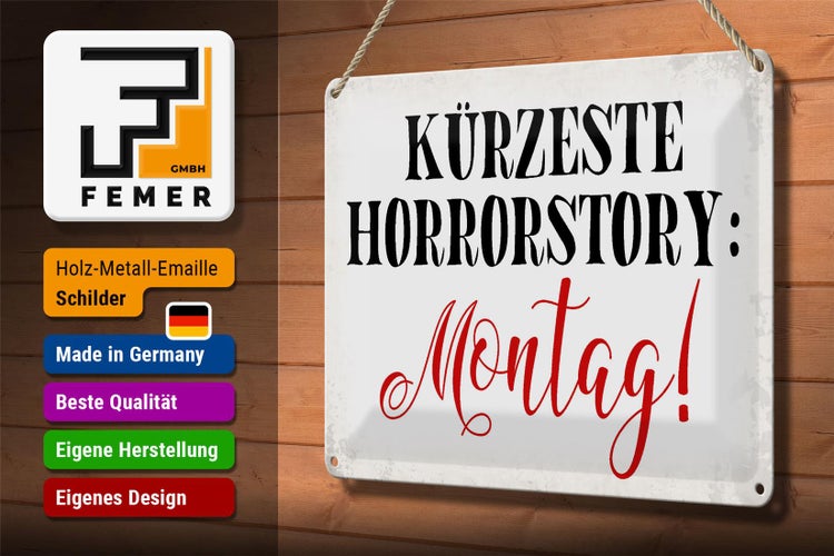 Blechschild Spruch 30x20cm kürzeste Horrorstory Montag