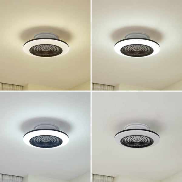 Deckenventilator mit integrierter Beleuchtung in vier verschiedenen Farbtemperaturen von Warmweiß bis Tageslichtweiß.
