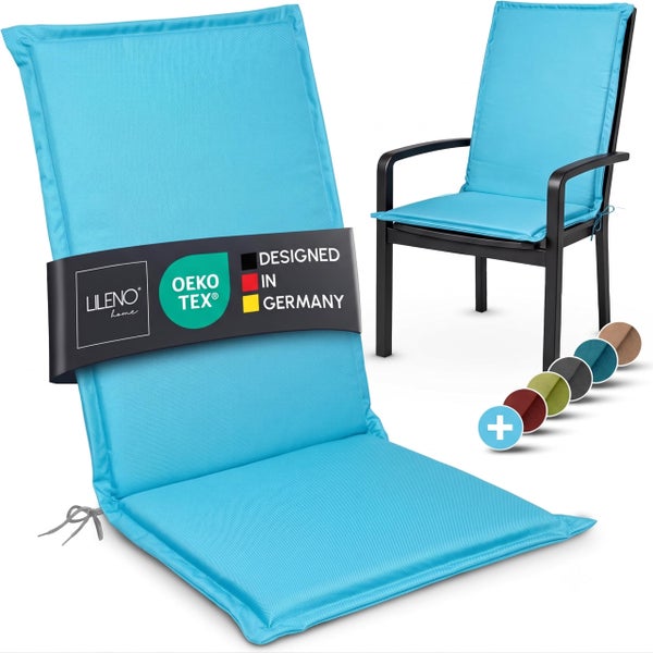 LILENO home Hochlehner-Auflage für Gartenstühle mit OEKO-TEX-Zertifizierung, Befestigungsbändern und Anwendungsbeispiel auf einem Stuhl.