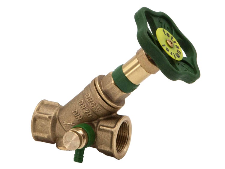 Totraumfreies Schrägsitzventil aus Messing mit Entleerungsventil, grünem Handrad, Nennweite 20, geprüft nach DVGW Standard.