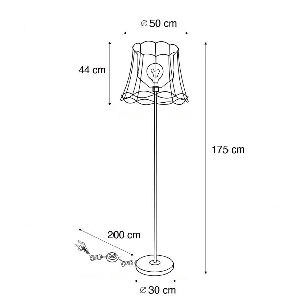 Technische Zeichnung einer Stehlampe mit den Maßen: Höhe 175 cm, Lampenschirmdurchmesser 50 cm, Lampenschirmhöhe 44 cm, Fußdurchmesser 30 cm, Kabellänge 200 cm.